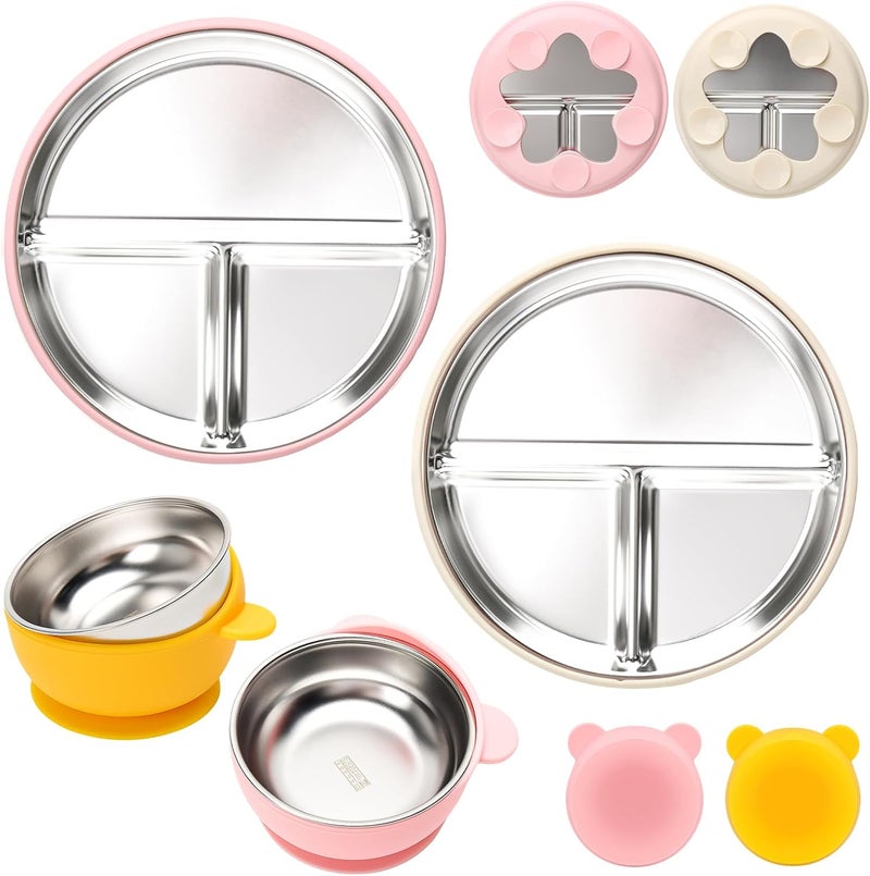mislili Stainless Steel Baby Plate and Bowls with Suction, Divided Kids Baby Plate and Toddler Bowl with Removable Silicone Suction, Non-Slip Baby Feeding Set Dishwasher Safe，4 Packs - Image 1